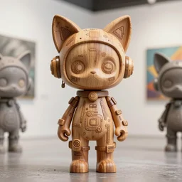octane render 8 k sculpture beautiful realistic character wooden design art toys collection very cute figurine occult android cat ears cyberpunk, doodle photorealistic comtenporary art gallery in background concept art cgsociety style popart
