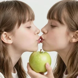 a girl kissing an apple.