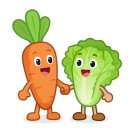 kids cartoon of a happy carrot and a happy lettuce holding hands, white background