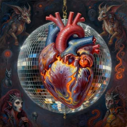a glistening spinning disco ball visceral photorealistic anatomical human heart with fiery alchemical symbolism with occult animal spirits and mythical creatures, in the style of a surreal mixed media oil painting and photorealistic collage by leonora carrington