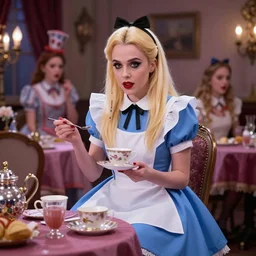 a blonde annie clark aka st. vincent musician as alice in wonderland mad hatters tea party, unreal engine max vram, volumetric lighting, extremely high quality, surealism