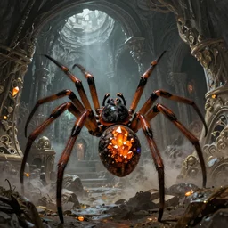 a giant spider with orange crystals in its abdomen, dungeon, fantasy art, trending on artstation, by frank frazetta