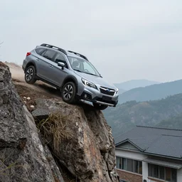 photorealistic 2013 outback Subaru driving off the side of a mountain towards the roof of a building bellow
