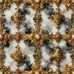 seamless pattern of ornate baroque elements and gold jewelry, carved rococo marble amber and opal, rococo architecture, symmetric composition, baroque swirls and spirals, volumetric ink explosions, intricate detail, ultra realistic, cinematic lighting, shiny gold on white and black, silver accents, moody, wet dripping glossy and shiny, vibrant color smoke clouds, realistic, unreal engine, octane render, ultra