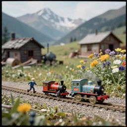 kodak portra 4 0 0, wetplate, muted colours, blueberry, action photography, 1 9 2 0 s, long shot, macro photo of a colourful tin toy robot running a steam engine on a steampunk junkyard near by beautiful flower meadow alps, motion blur, tiny gaussian blur, depth of field