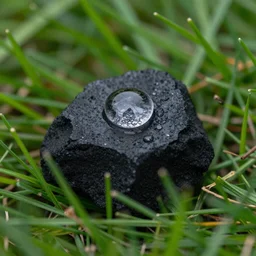 a water droplet on top of black charcoal in grass, macro 35mm f1.8