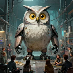 Digital art of Giant Robot Owl in a factory full of Humans in chains, despair and agony by Greg Rutkowski and Thomas Kinkade, artstation