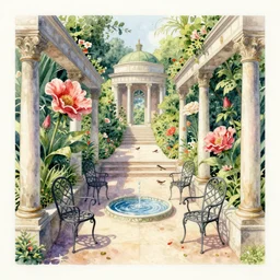 isomeric view, stairway, chairs, wrought iron, delicate water in a botanic garden, garden road, sparrows, temple in a botanical herbarium paper, watercolor colored painting, iridescent colors, 8 k, realistic shaded, fine details, artstation, italian style, colonnade, huge flowers, architecture