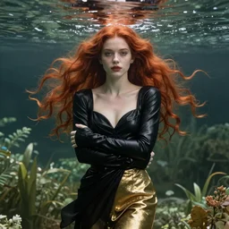 portrait of a girl with long red hair in a black dress, under water, very beautiful style, girl wrapped in black leather, girl in a garden, in a gold suit, photorealism edgard maxence,