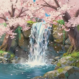 a beautiful sakura garden waterfall, ethereal, aesthetic, in the style of studio ghibli and toei, trending on artstationhq