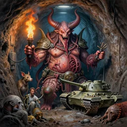 airbrush drawing macro packed with filth, sewer tunnel baphomet orcus hybrid, full bodied premiered, random animal | viscera as god |, tank m 1 a sep armor, claustrophobically crowded into a deep in sewer tunnel, chris foss, enric torres, wayne d barlowe, geof darrow, alberto bontempi, feng zu hyper realism, torch light