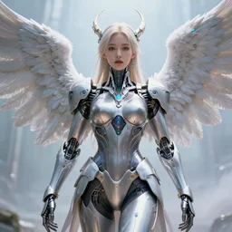 holy cyborg angel girl, very beautiful, intelligent, utopia, advanced technology, armor, wings, pretty face, innocent, paradise, masterpiece, highly detailed, artstation, art by bo chen and neon yang and huifeng huang and seunghee lee