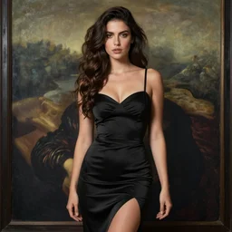 beautiful brunette argentinian - italian girl professional photo shoot, postmodern dress, suggestive classic painting