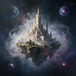 a concept matte painting of a singular floating island castle, flying citadel levitating across interstellar space in a misty pearlescent nebula by ross tran towers situated in a starry expanse of bioluminescent cosmic worlds by beksinski and beeple, flying citadel with towers, trending on artstation.