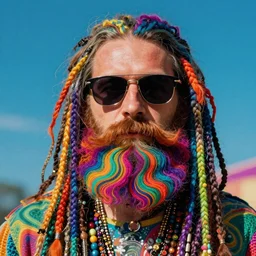 a bearded hippie with sunglasses, fractal beard, colorful, psychedelic, photorealistic, 8k, trending on artstation in the style of peter max