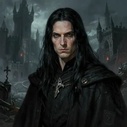 a highly detailed color illustration portrait of a warpriest with long black hair, dark moody eerie castle setting, d & d portrait, planescape, 8 0's horror fantasy art, hires, digital art, sharp focus, art by tim hildebrandt and frank frazetta and gerald brom and greg rutkowski