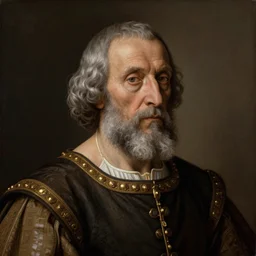 a highly detailed renaissance portrait of a very old, gray haired and tan skinned king by Leonardo da Vinci