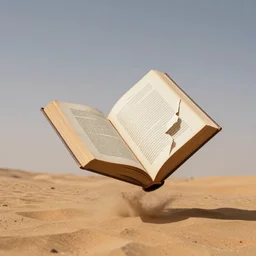 a levitated huge book with torn pages that fly in the desert of f al - ula, leica, 5 0 mm, f 1. 4