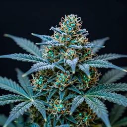 bioluminescent teal and iridescent colored marijuana buds, large frosty buds and leaves, extremely detailed, photorealistic 8 k resolution