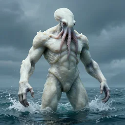 enormus humanoid coming out of the ocean. water hip deep, white rubbery skin. octopus head. concept art, dnd, cinematic