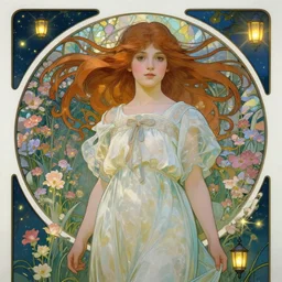 well - lit art nouveau portrait by alphonse mucha of a young innocent girl with hair blowing in the wind in a flower garden with lanterns and fireflies at night, trending on deviantart, natural lighting, path traced, highly detailed, high quality, godrays, complementary colors, beautiful landscape, cartoon, high coherence, soft lighting, soft colors, digital art, digital painting, matte,