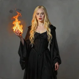 professional painting of Elle Fanning wearing a black cultist robe and holding fire in the style of Craig Mullins, head and shoulders portrait, symmetrical facial features, smooth, sharp focus, illustration, intricate, stormy weather, extremely detailed masterpiece,
