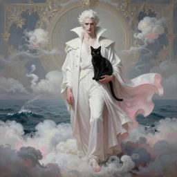 style of Guo Hua ,young vampire and her black cat , full body , realistic, detailed, white, light pink tonalities, beautiful collage technique including clouds, sea, wind, ornate sea background, beautiful Fantasy detailed trending on artstation, oil painting,Dramatic lighting, eterea , high quality print, fine art with subtle redshift rendering