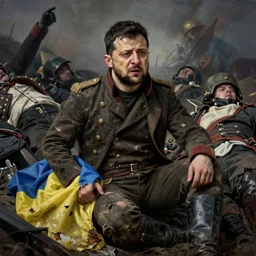 an oil  painting of   Volodymyr Zelensky  at war,  dressed like  Napoleon Bonaparte, his clothes are torn and dirty, he is sitting between corpses and weeping, holding a burnt flag of Ukraine,  hyper realistic, hyper detailed,  sharp focus,  depth of field, High definition, 8k, by Benjamin West