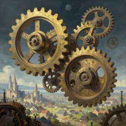 giant interlocked gears cogs floating in void, clockwork, giant mechanisms, industry, villages castles, buildings vista artstation illustration sharp focus painted by ruan jia raymond swanland lawrence alma tadema zdzislaw beksinski norman rockwell tom lovell alex malveda greg staples