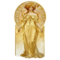 beautiful alien humanoid wearing a flowing golden dress, Victorian, full body, full length, Art Nouveau, style of Alphonse Mucha, gilded, baroque, filigree border, insanely detailed and intricate, hypermaximalist, elegant, ornate, hyper realistic, super detailed, gritty texture, high contrast, Aaron Horkey