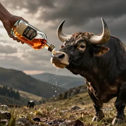 a bull drinking whiskey from the bottle