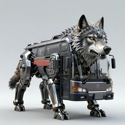 Mechanical  animal - transformer hybrid of bus and wolf, having cabin in form of wolf head with big yellow eyes turning into long mechanical body - bus with wheels and windows in grey color, standing  before us, mechanical form of life, magic, dream, perfect composition, digital painting, concept art, smooth, sharp focus, illustration, artstation trending, anime style, cyberpunk, graffiti