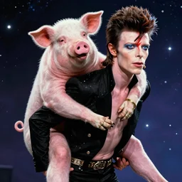 david bowie giving a piggy back ride to ziggy stardust. glam rock. cosmic. peter elson. detailed faces