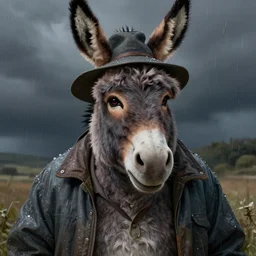 Portrait donkey Eeyore from disney cartoon as old fisherman in storm jacket and hat, by Tom Bagshaw and Manuel Sanjulian