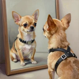 a honey colored chihuahua puppy looking at his reflection in the mirror from the front Showing off her streetwear , Oil pain