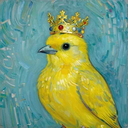 an elegant yellow bird wearing a royal crown in the style of vincent van gogh, very very beautiful, post-impressionism, high quality, detailed, 4k