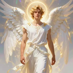 full figure beautiful young fit male angel with curly blond hairs, dressed with fluent clothes, majestic wings, luminous halo, by greg rutkowski and alphonse mucha, d & d character, gradient white to gold, in front of an iridescent background, highly detailed portrait, digital painting, artstation, concept art, smooth, sharp focus illustration, artstation hq