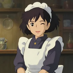 a film still portrait of a cute winking maid, medium shot, finely detailed features, cinematic lighting, trending on pixiv fanbox, painted by makoto shinkai, studio ghibli, greg rutkowski, wlop