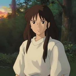 portrait of rila fukushima, forest background, long brown hair, shallow depth of field, cloth, princess mononoke, 4 k, greg rutkowski, high detail, dramatic lighting, sunset, hayao miyazaki, masashi ando, nizou yamamoto, kazuo oga, joe hisaishi, yoji takeshige, naoya tanaka