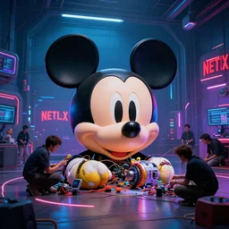 the wide shot of a group of people repairing the cyber mickey mouse!!!!!!!!! in hangar room, a netflix logo!!!!!!!! on the background, cyberpunk art by greg rutkowski, cgsociety, retrofuturism, concept art, neon light, 1 8 mm lens