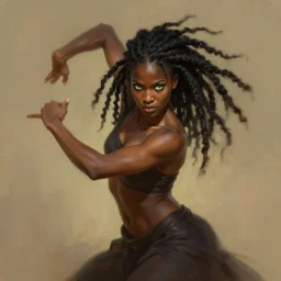portrait of combat dancer, female, black skin, green eyes, dreadlock black hair, bolero, high fantasy, arabian nights inspired, smooth, sharp focus, digital painting, by artgerm and greg rutkowski and alphonse mucha