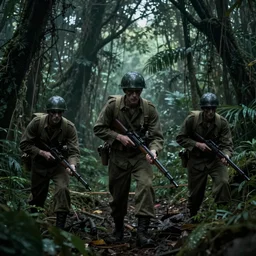 wwii american soldiers versus japanese soldiers in the middle of an eerie, dark jungle, highly detailed, creepy cinematic light deep focus, horror, smooth, sharp focus, golden ratio, dramatic illumination, ultra realistic, 4 k, detailed line art by katsuhiro otomo and enki bilal