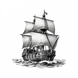 a pirate ship sailing in the sea, realism tattoo design, white paper background, by Matteo Pasqualin tattoo artist