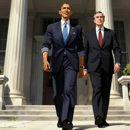 low angle shot of president barrack obama walking towards george w bush. in the style of jojo. anime. dramatic. trending on art station