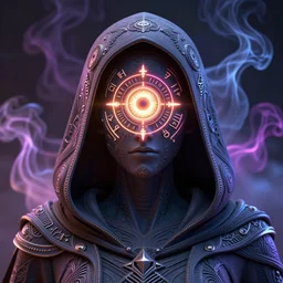 a beautiful detailed 3 d matte of a hooded figure with a runic neon glowing third eye, by ellen jewett, by tomasz alen kopera, ominous, magical realism, texture, intricate, whirling smoke, radiant colors, fantasy, volumetric lighting, high details
