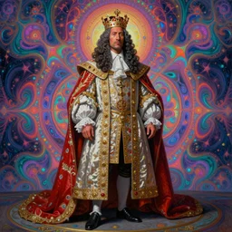 beautiful oil painting, full length portrait of Dwayne the rock Johnson as Louis xiv in coronation robes 1701, Dan Mumford, Dan Mumford, Alex grey, Alex grey, lsd visuals, dmt fractal patterns, entheogen, psychedelic art, hallucinogen, highly detailed, ornate, vaporwave