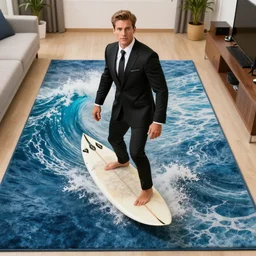 man in black suit surfs carpet which looks like ocean wave in nazare, furniture around, business surrounding, dslr, insane details, hyper reallistic, 8 k, clear face and eyes, ultra clear detail, hdr, textured, award winning, professional photography