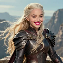 closeup portrait happy beautiful daenerys targaryen with long blonde windblown hair and dragonskin armor, standing on a ledge of a mountain, pink lipstick, glamour pose, detailed illustration, digital art, trending on artstation, yoshitaka amano, daniel merriam, arney freytag