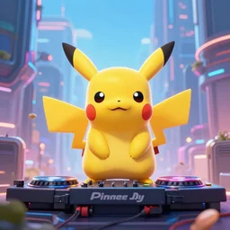 pikachu dj in a futuristic city
