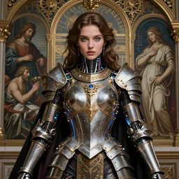 the stunning young cyborg muse, piercing glowing eyes, fashion ornate royal armor, striking composition, highly detailed ornate sci fi background, vogue poses, striking composition, vivid details, wires, glowing tubes, beautiful composition, mural in the style of sandro botticelli, caravaggio, albrecth durer, 8k